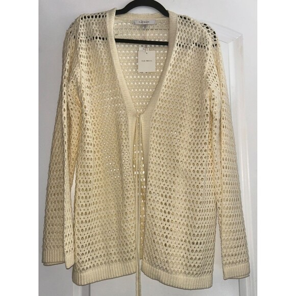 Flat White Anthropologie Women’s Crochet Cardigan OS NWT Butter Yellow Tie Front - Picture 6 of 9